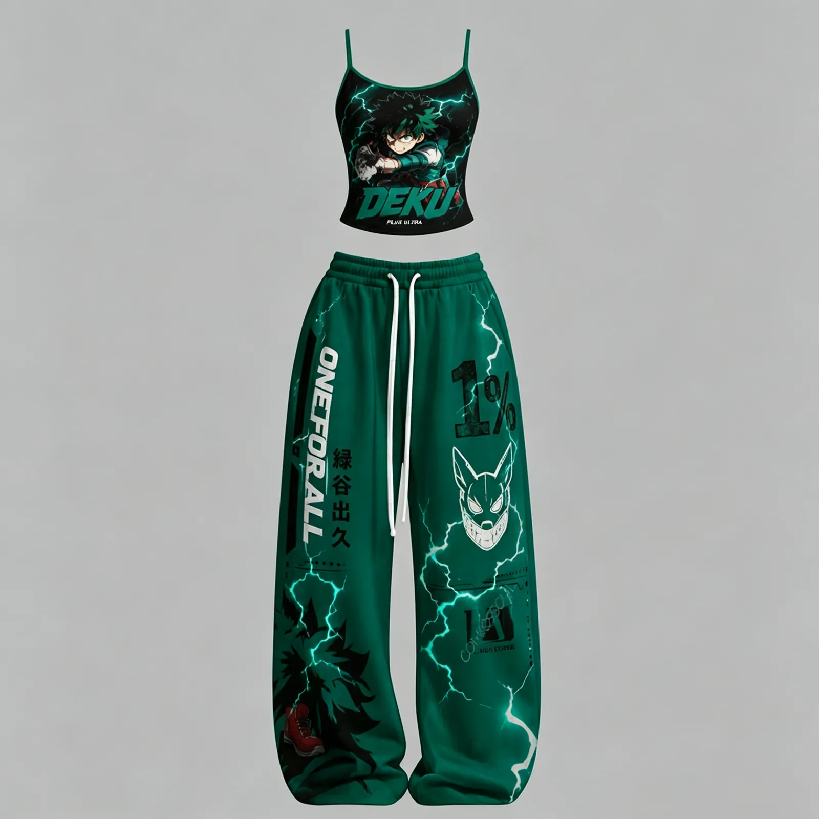 My Hero Academia Izuku Midoriya Deku Cami Crop Top and Wide Leg Trousers Set, Women's Two-Piece Lounge Outfit, One For All Green Lightning Set
