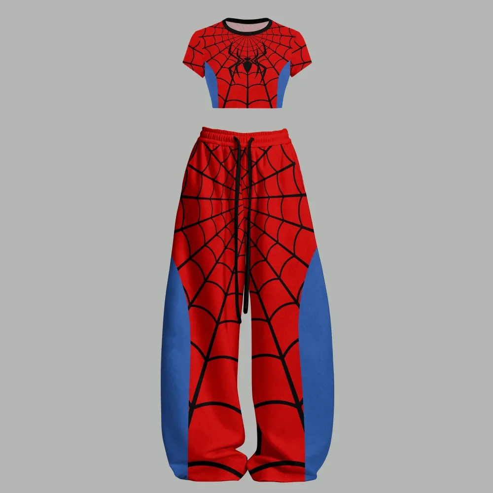 Spider-Man Web Print Women Crop T-Shirt and Elasticated Trousers Two-Piece Set, Red and Blue Superhero Lounge Outfit, Marvel Matching Set