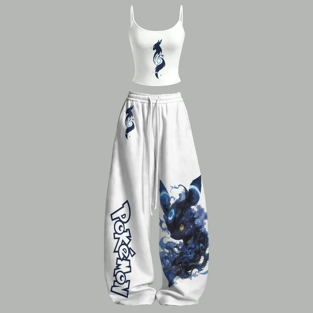 Pokemon Umbreon Cami Crop Top and Wide Leg Trousers Two-Piece Set, Women's White and Navy Blue Ring Moonlight Lounge Outfit, Anime Set