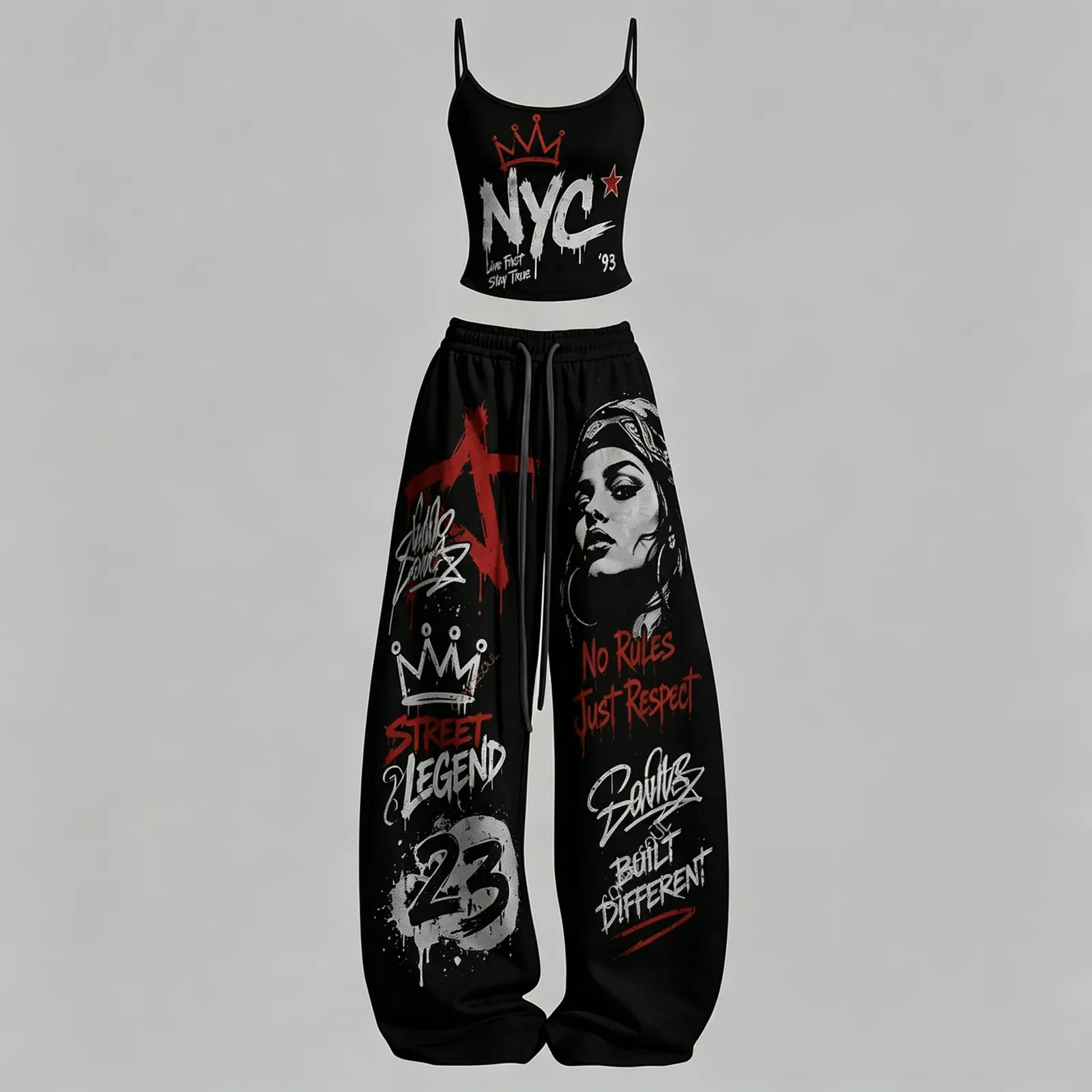 Women's Hip-Hop Style NYC Cami Crop Top and Wide Leg Trousers Set, Street Legend Graffiti Two-Piece Lounge Outfit, No Rules Just Respect Set