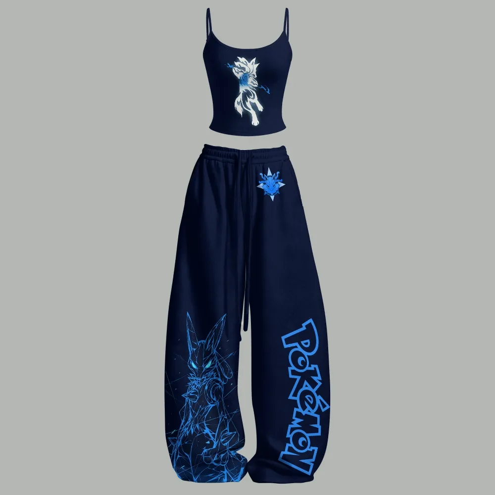Pokémon Lucario Cami Crop Top and Wide Leg Trousers Two-Piece Set, Women's Navy and Blue Anime Lounge Outfit, Aura Pokémon Neon Glow Matching Set