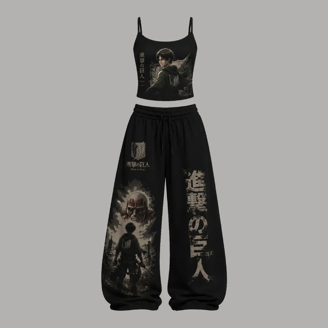 Attack on Titan Eren Yeager Cami Crop Top and Wide Leg Trousers Two-Piece Set, Women's Black Colossal Titan Survey Corps Lounge Outfit