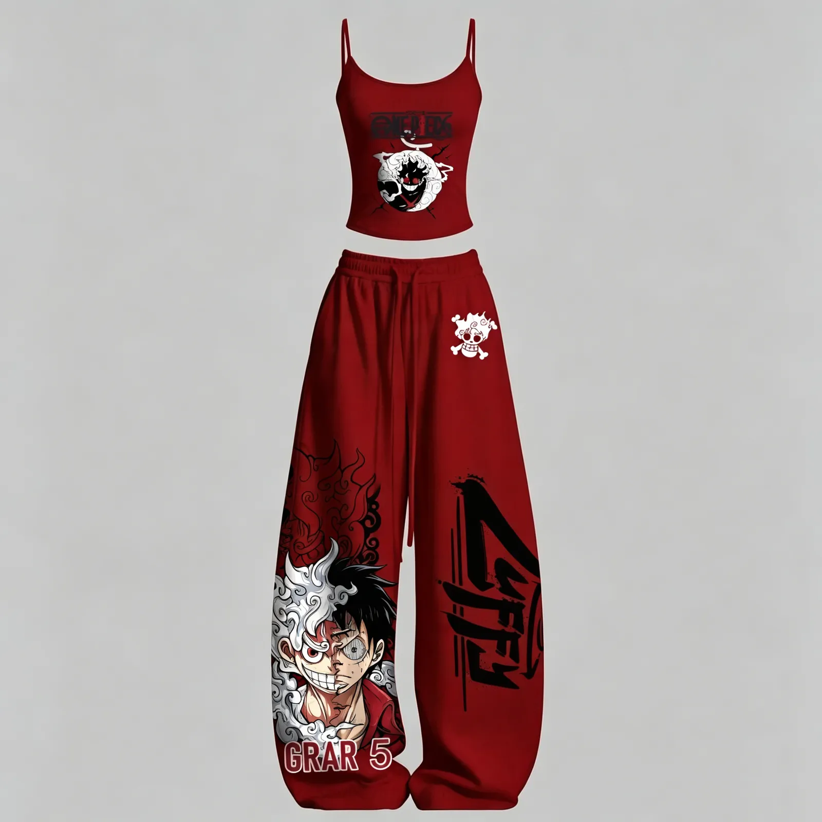 One Piece Luffy Gear 5 Sun God Nika Cami Crop Top and Wide Leg Trousers Two-Piece Set, Red Black White Anime Lounge Outfit, Women's Co-ord