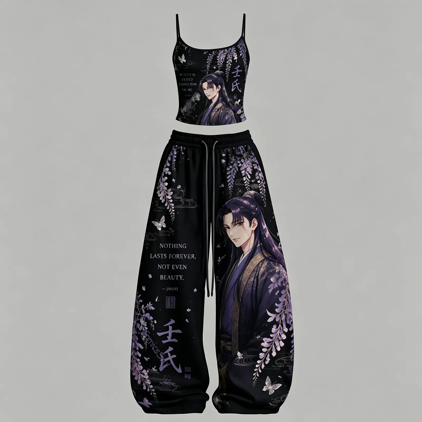 The Apothecary Diaries Jinshi Cami Top and Elasticated Trousers Two-Piece Set, Women's Black and Lilac Wisteria Anime Lounge Outfit, Matching Set
