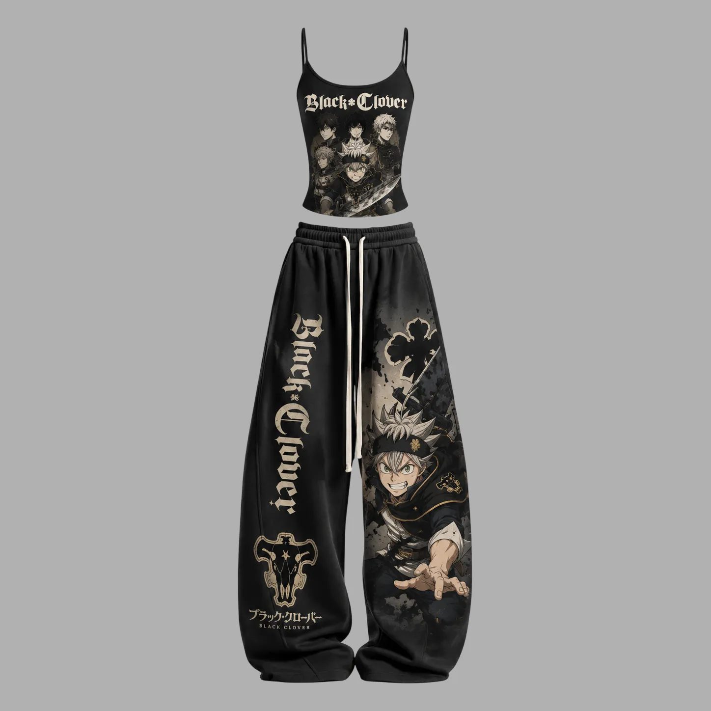 Black Clover Asta Black Bulls Cami Crop Top and Elasticated Wide Leg Trousers Two-Piece Set, Women's Sepia and Gold Anime Matching Lounge Outfit