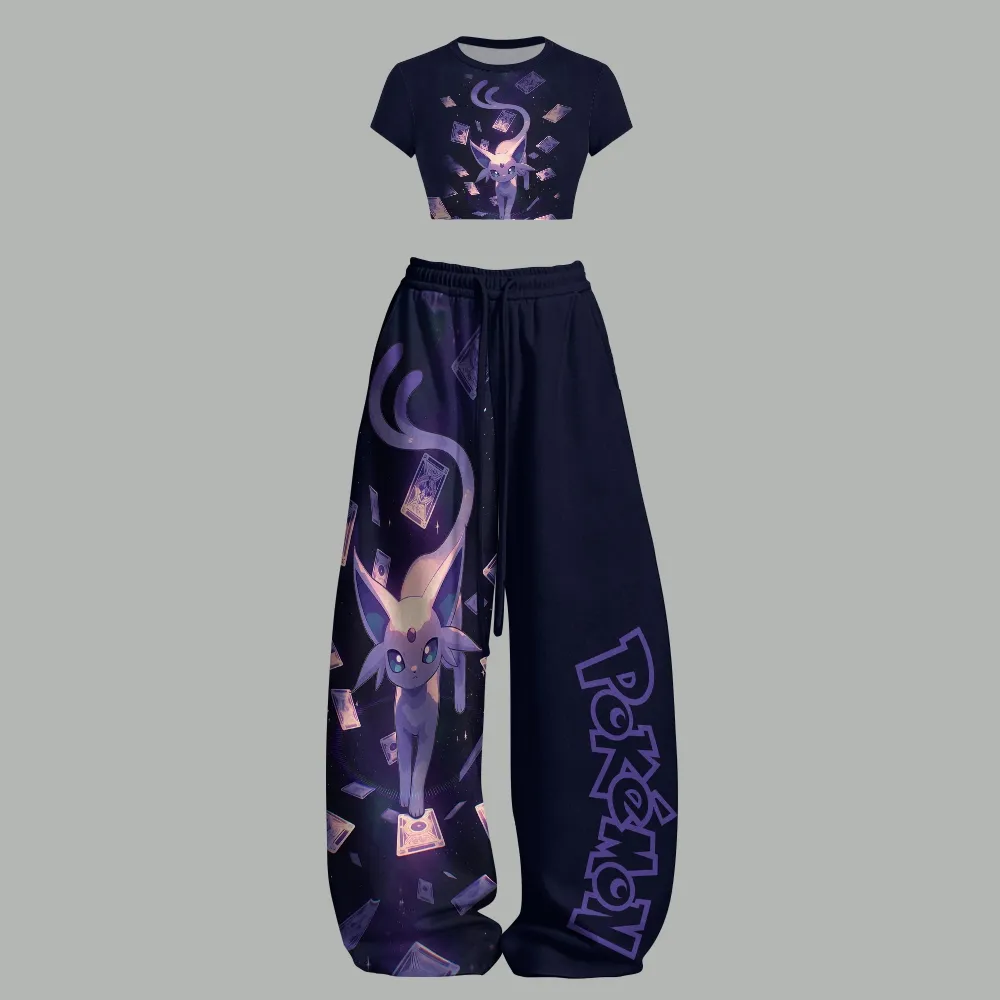 Pokémon Espeon Women Crop Tee and Wide Leg Trousers Two-Piece Set, Navy Purple Starry Card Print Lounge Outfit, Psychic Type Anime Fan Co-ord