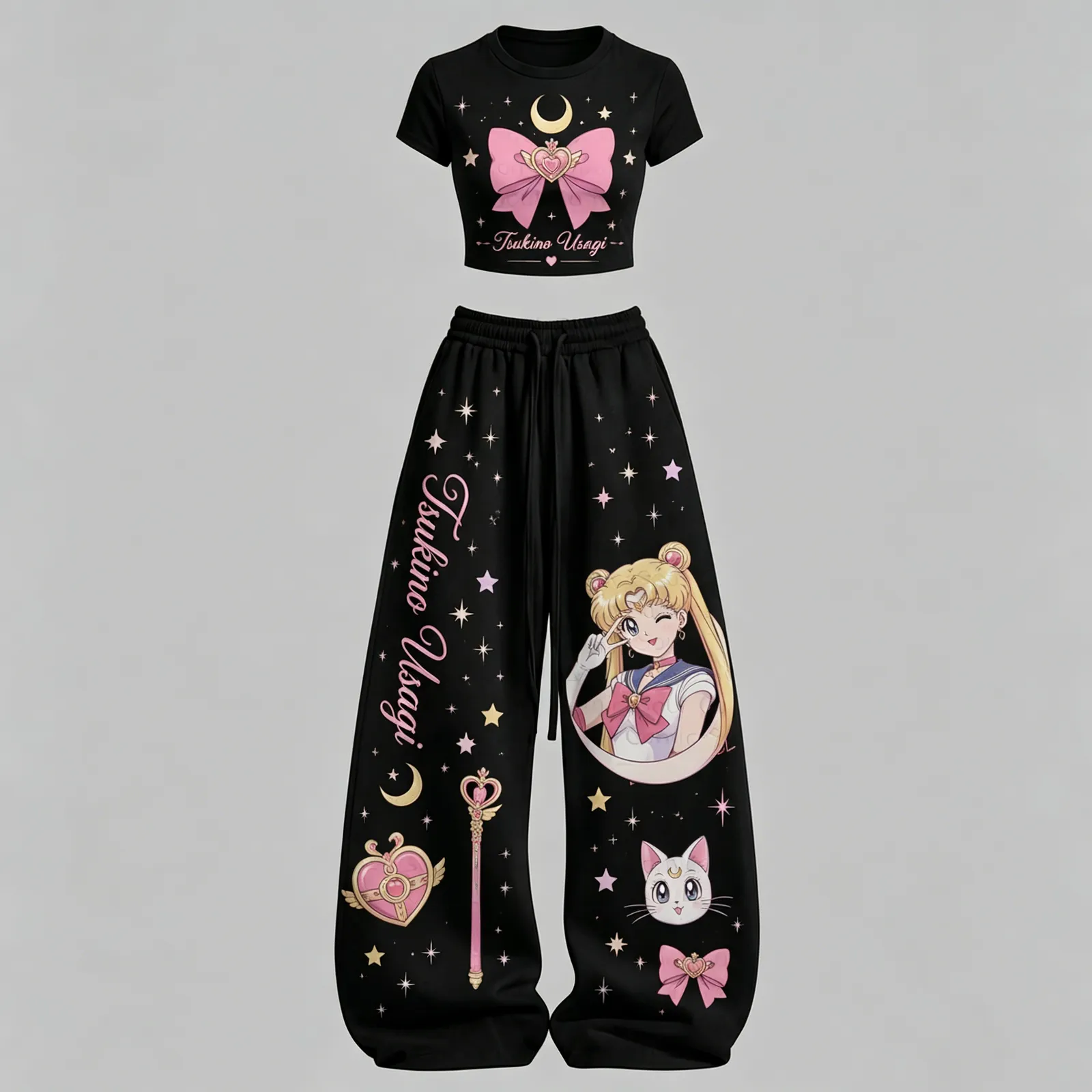 Sailor Moon Tsukino Usagi Crop Tee and Wide Leg Trousers Two-Piece Set, Women's Black and Pink Artemis Lounge Outfit, Anime Matching Set