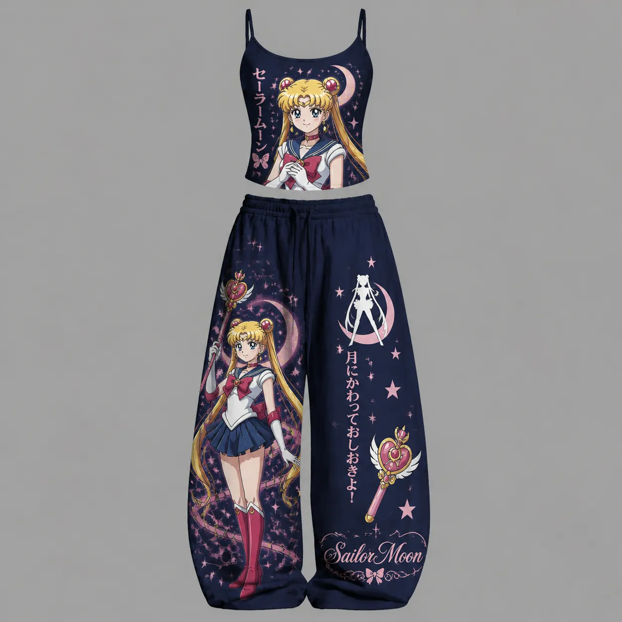 Sailor Moon Usagi Cami Crop Top and Wide Leg Trousers Two-Piece Set, Women's Navy Anime Lounge Outfit, Moon Wand Starry Night Matching Set