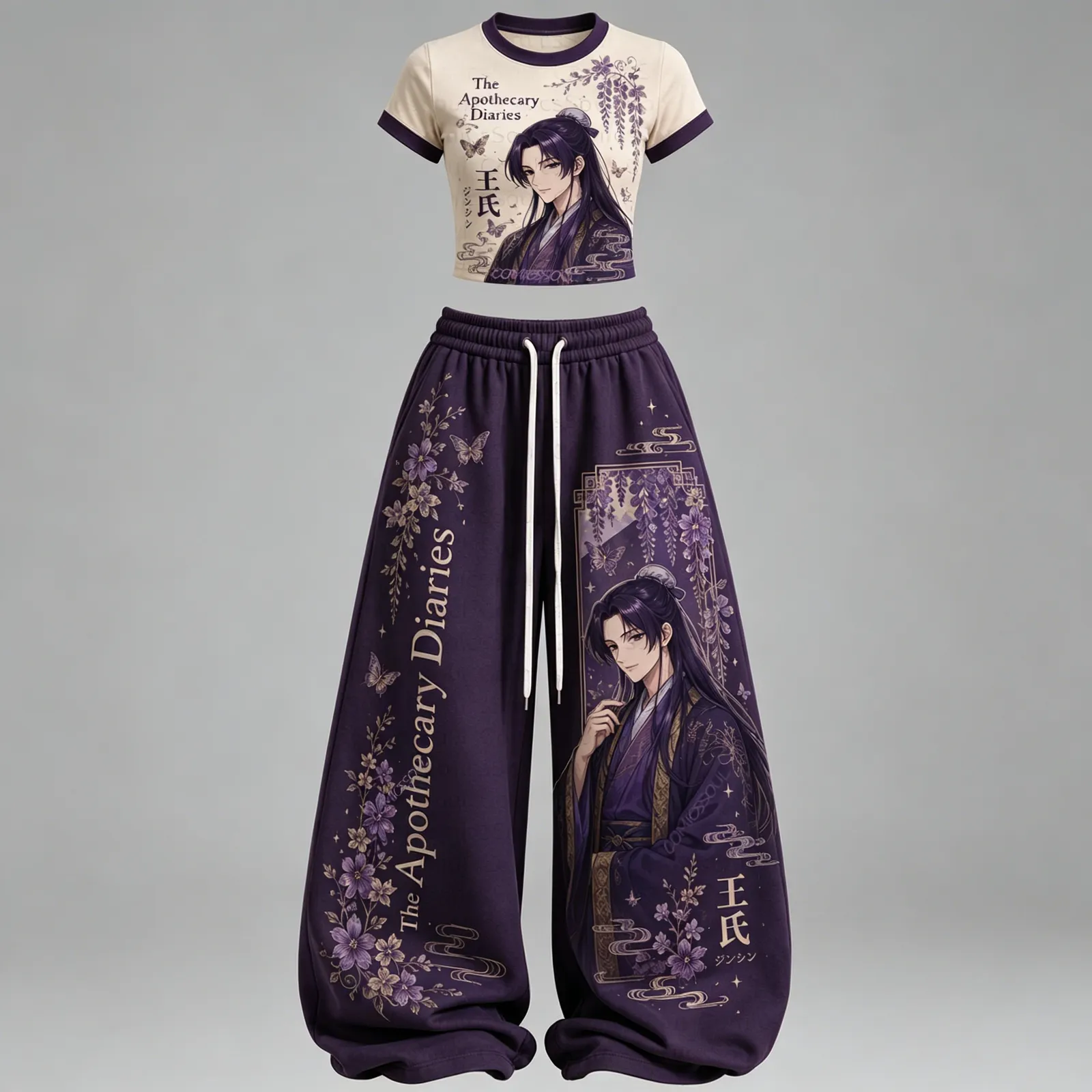 The Apothecary Diaries Jinshi Crop Tee and Wide Leg Trousers Two-Piece Set, Plum Purple Wisteria Anime Lounge Outfit, Women's Matching Co-ord