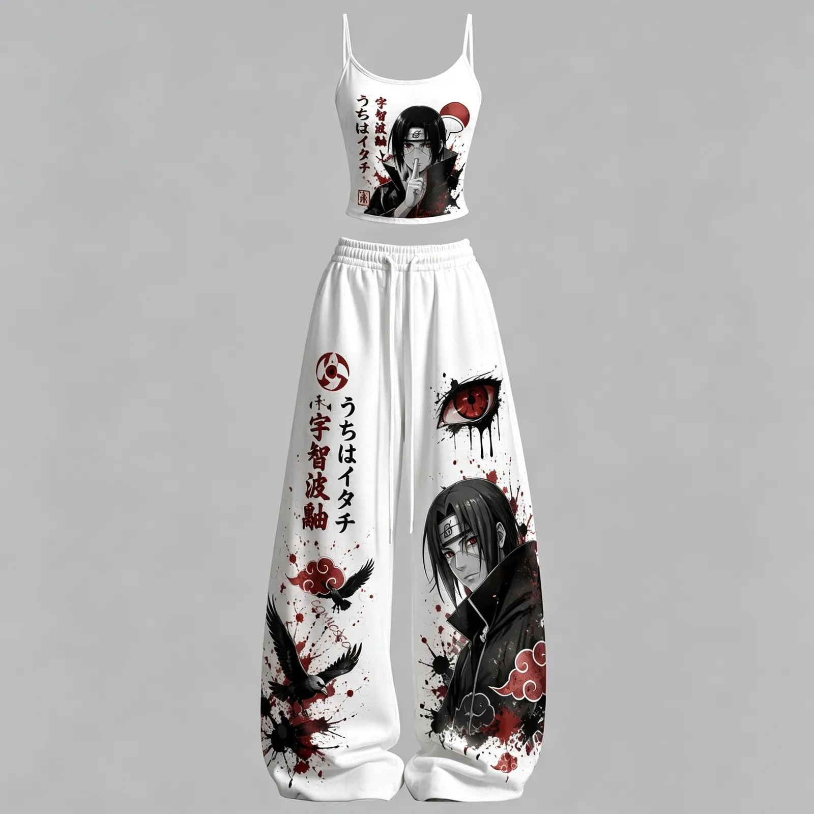 Naruto Itachi Uchiha Akatsuki Cami Crop Top and Elasticated Wide Leg Trousers Two-Piece Set, Women's White Red and Black Sharingan Ink Outfit