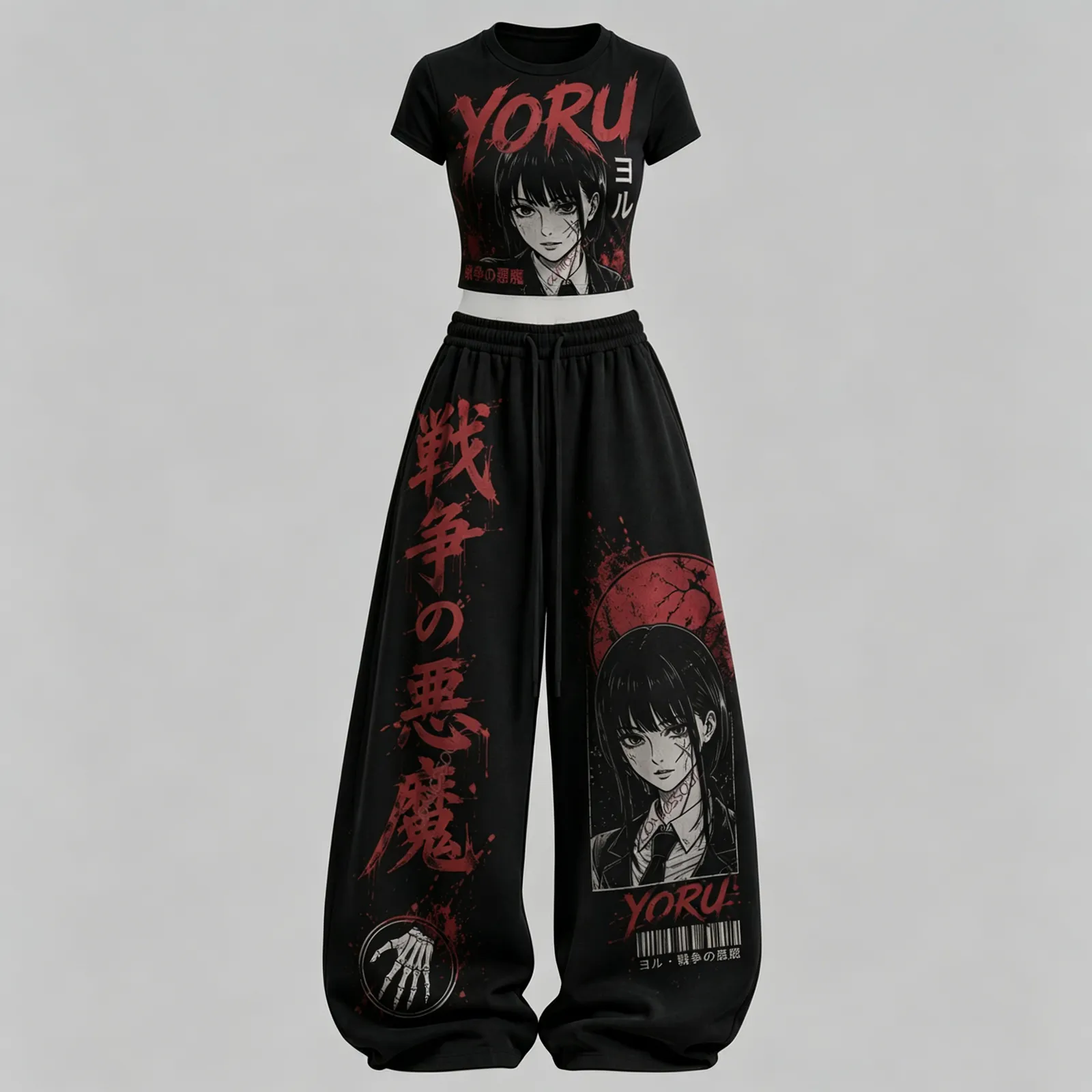 Chainsaw Man Yoru War Devil Crop Tee and Wide Leg Trousers Two-Piece Set, Women's Black and Red Anime Lounge Outfit, Manga Matching Set