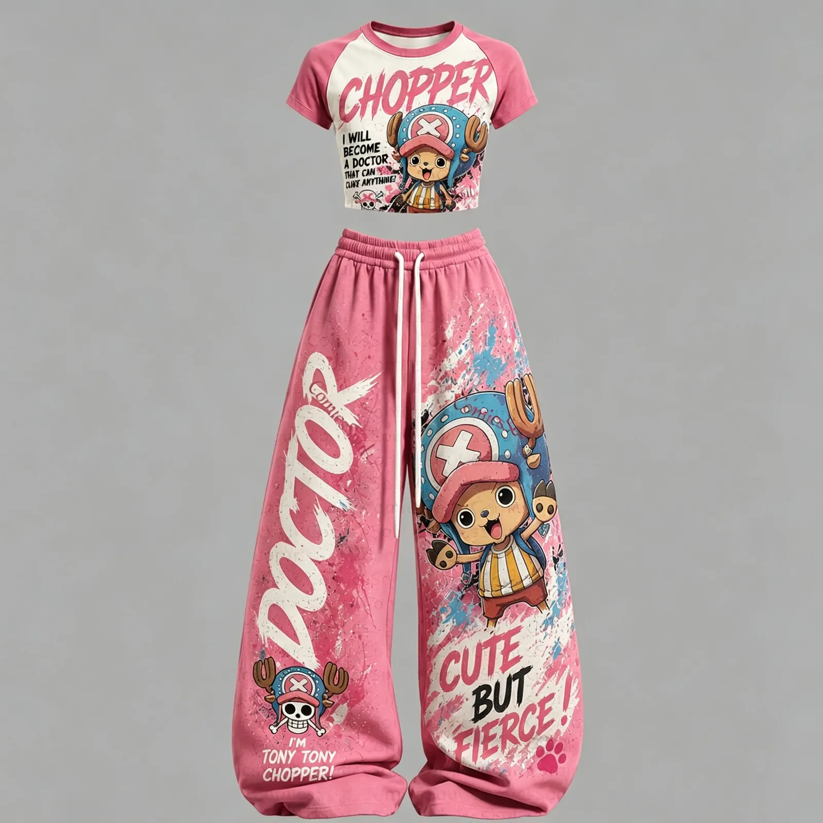 One Piece Tony Tony Chopper Doctor Crop Tee and Wide Leg Trousers Two-Piece Set, Women's Cute but Fierce Pink Anime Matching Outfit