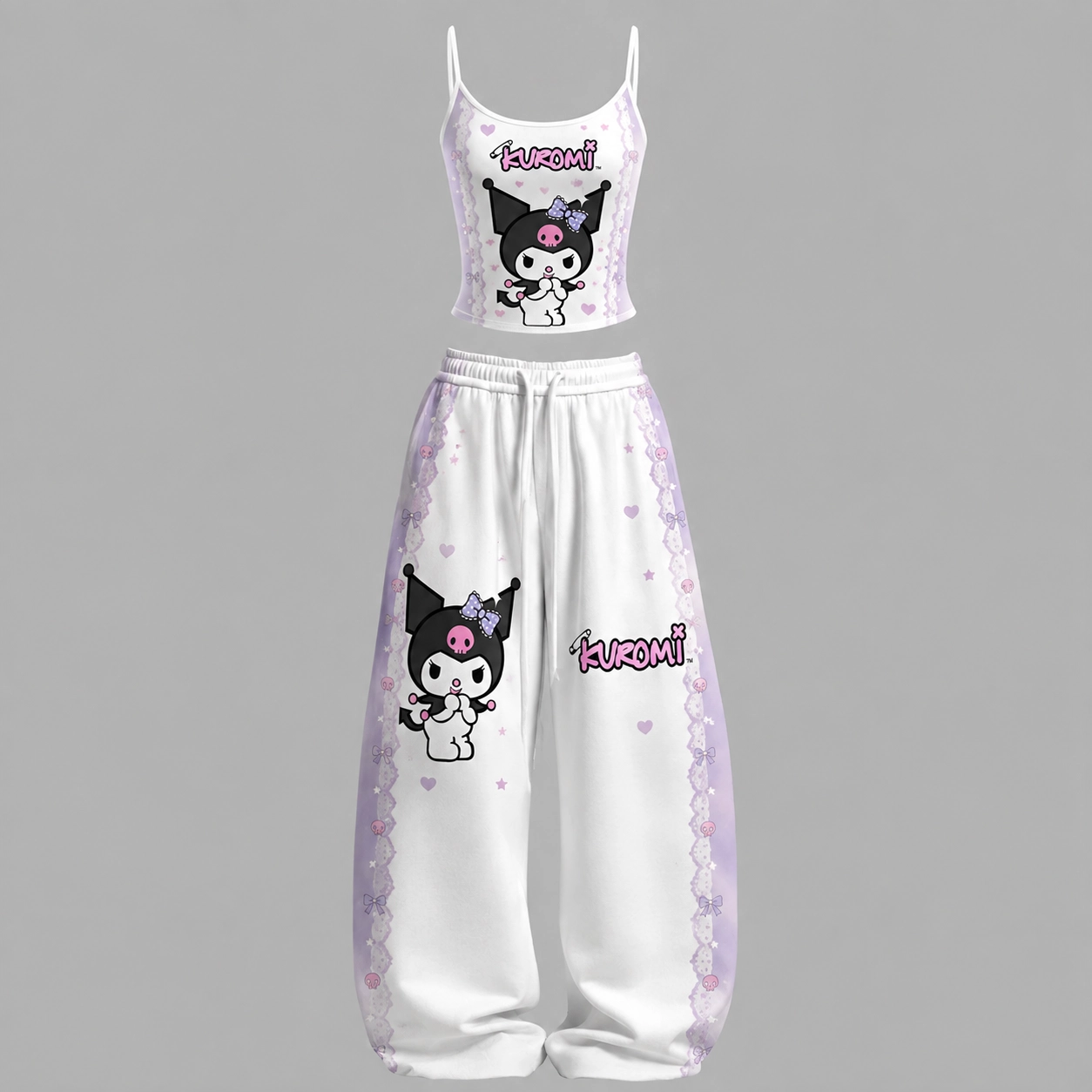 Kuromi Lilac Lace Cami Crop Top and Wide Leg Trousers Two-Piece Set, Women's Sanrio Kawaii Purple Bow Matching Pajama Lounge Outfit