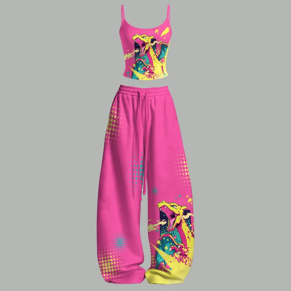 Pokémon Charizard Neon Cami Crop Top and Wide Leg Trousers Two-Piece Set, Women's Pink and Yellow Pop Art Lounge Outfit, Fire Dragon Fan Gift