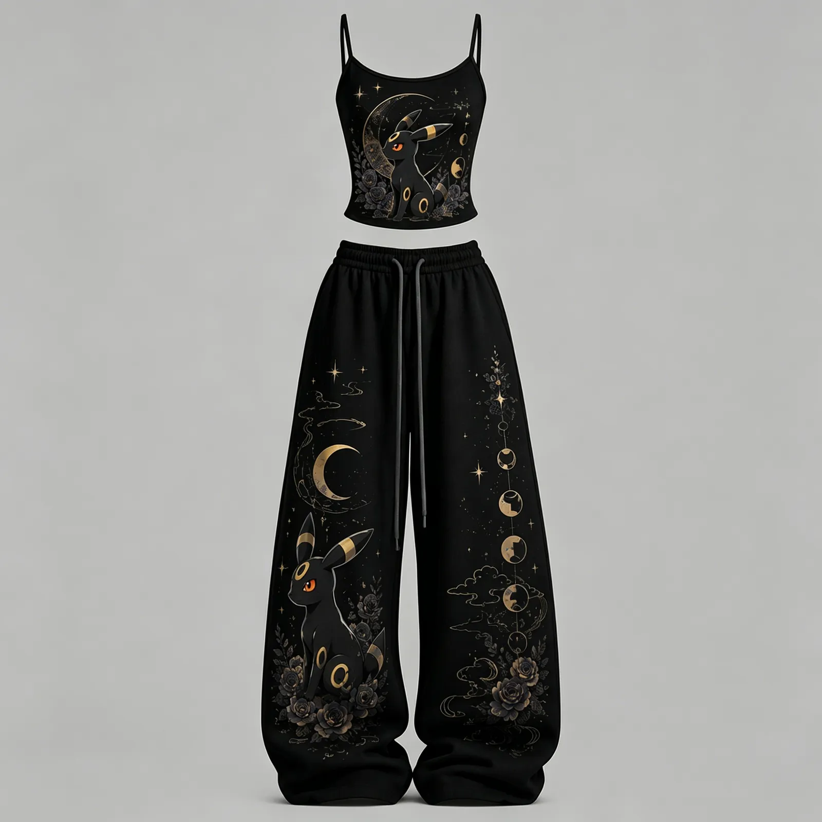 Pokémon Umbreon Moon Phase Cami Crop Top and Elasticated Wide Leg Trousers Two-Piece Set, Women's Black and Gold Celestial Lounge Outfit