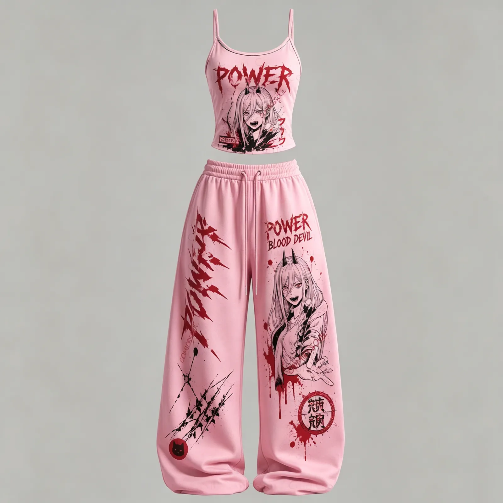 Chainsaw Man Power Blood Devil Cami Crop Top and Wide Leg Trousers Two-Piece Set, Women's Pink Red Anime Lounge Outfit, Fiend Fan Matching Set