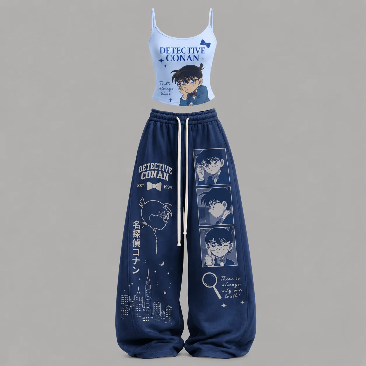 Detective Conan Truth Always Wins Cami Crop Top and Wide Leg Trousers Two-Piece Set, Light Blue Navy Anime Lounge Outfit, Women's Matching Co-ord