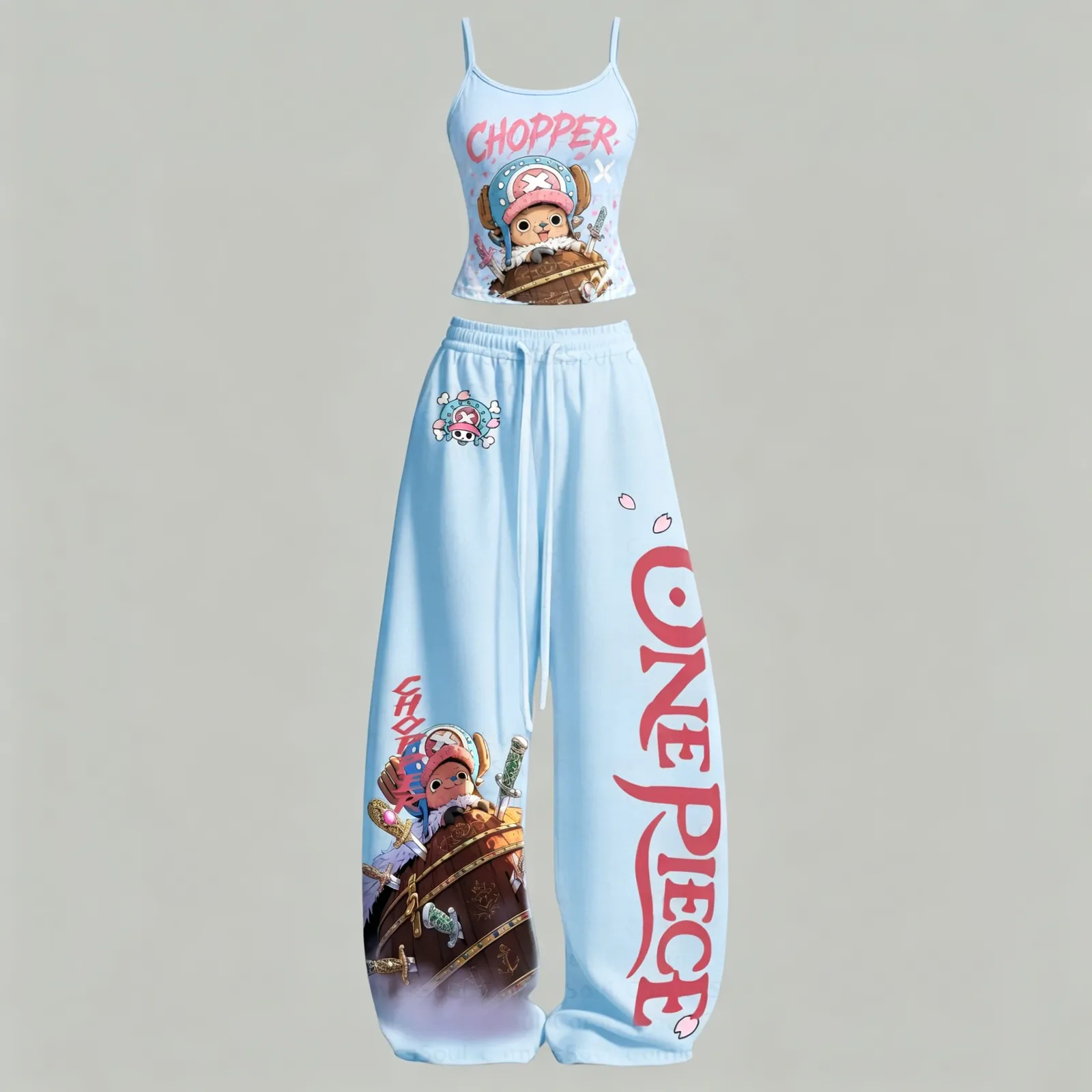 One Piece Tony Tony Chopper Cami Crop Top and Wide Leg Trousers Two-Piece Set, Women's Light Blue Sakura Anime Lounge Outfit, Matching Set