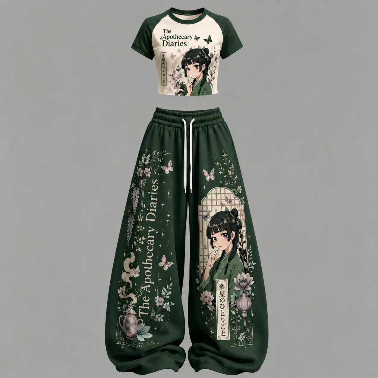 The Apothecary Diaries Maomao Crop Tee and Wide Leg Trousers Two-Piece Set, Green Floral Butterfly Print, Women's Anime Lounge Outfit