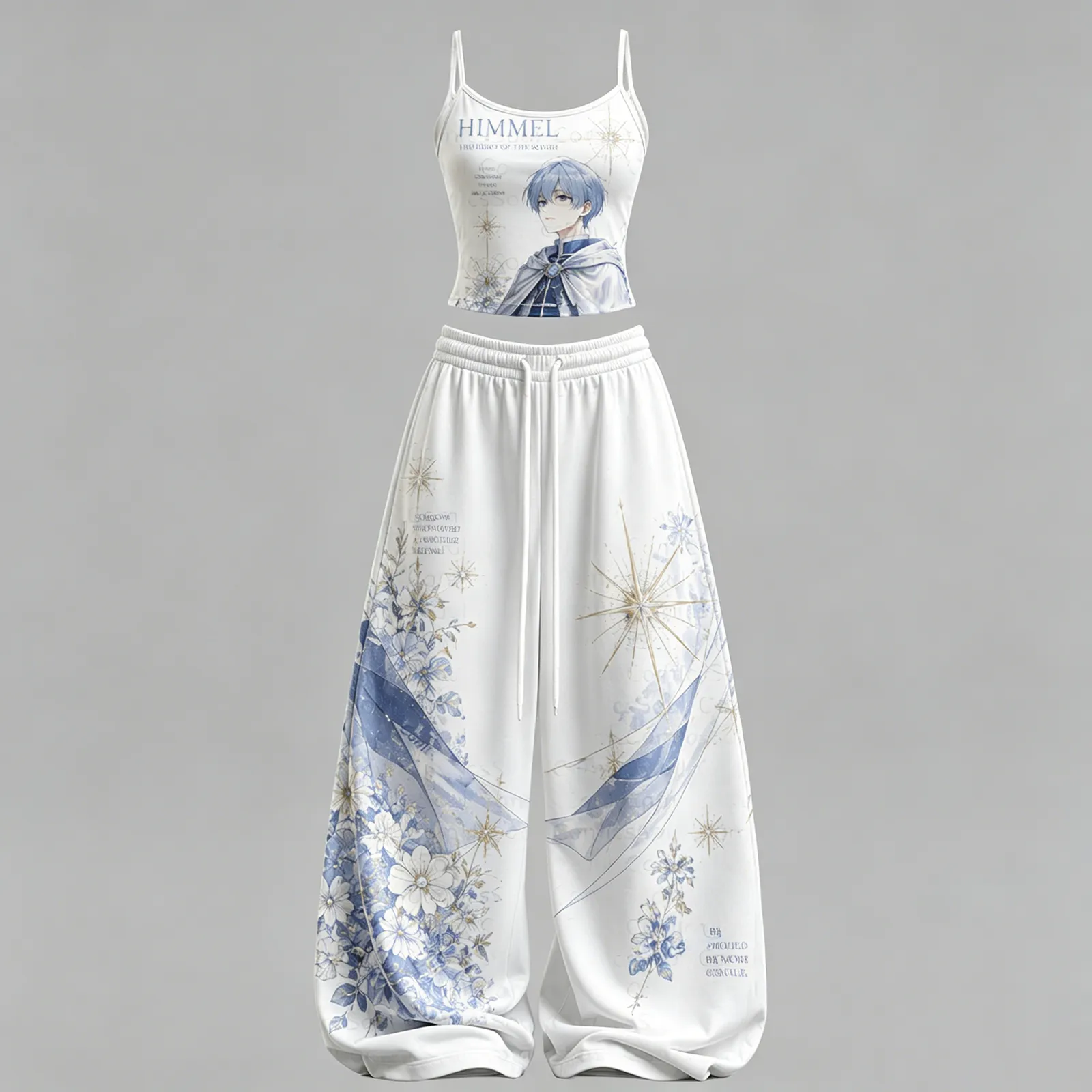 Frieren Beyond Journey's End Himmel Cami Crop Top and Wide Leg Trousers Set, Women's Two-Piece Lounge Outfit, White and Blue Floral Hero Set