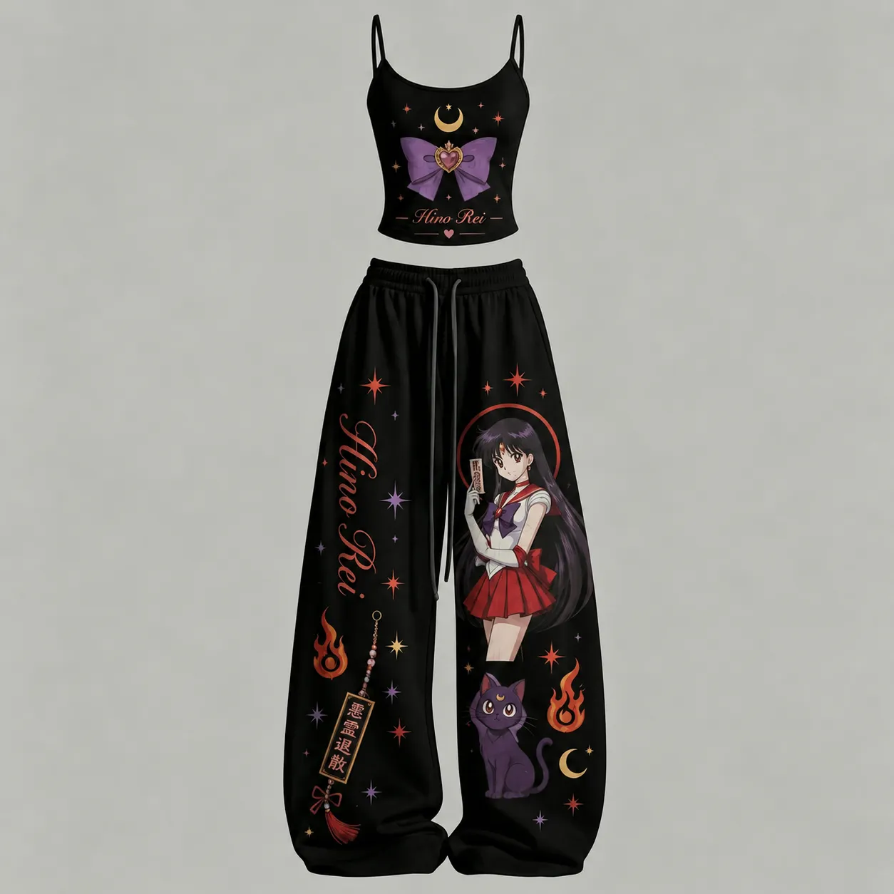 Sailor Moon Sailor Mars Hino Rei Cami Crop Top and Wide Leg Trousers Set, Women's Two-Piece Lounge Outfit, Luna Fire Talisman Black Set