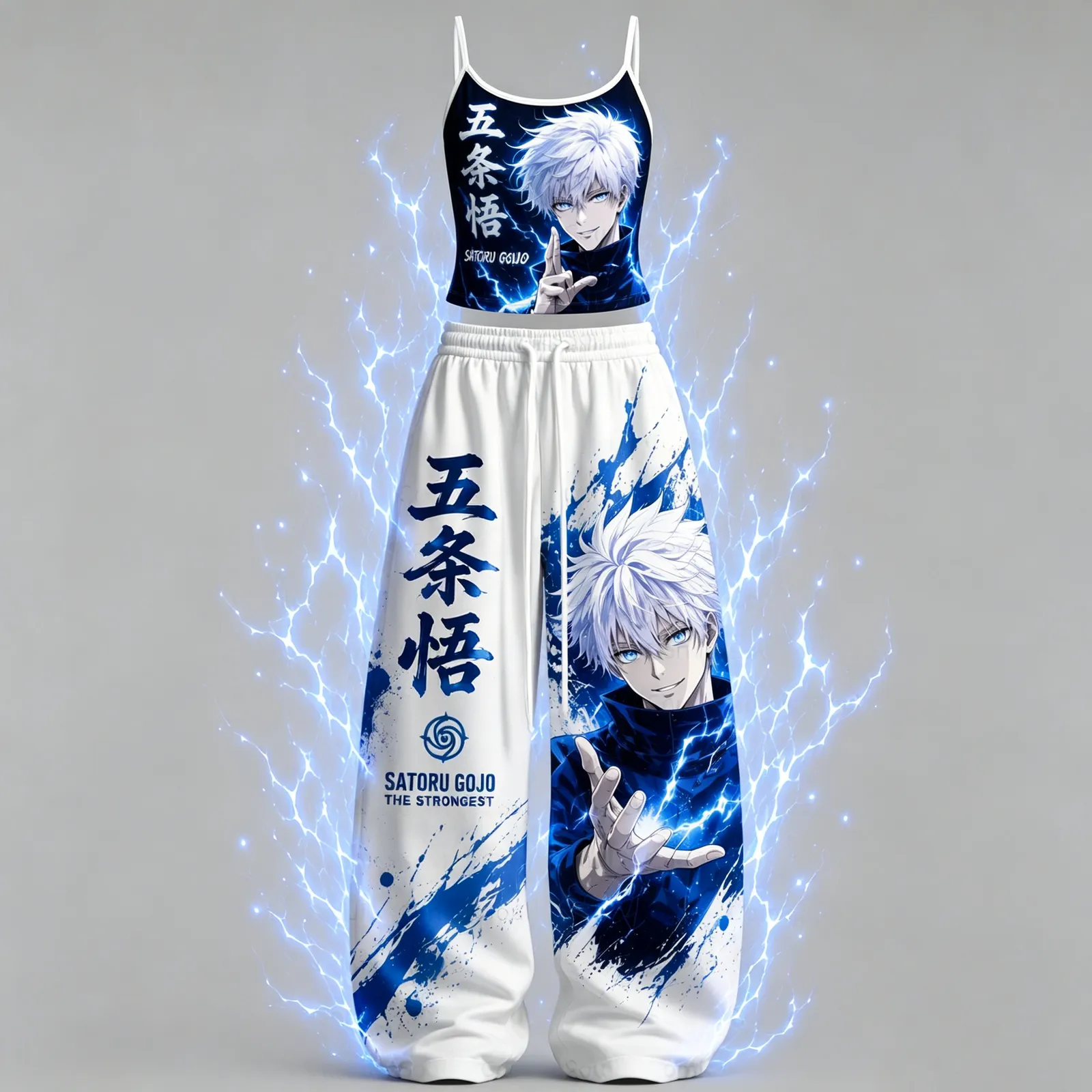 Jujutsu Kaisen Satoru Gojo The Strongest Cami Top and Elasticated Trousers Two-Piece Set, Women's Blue and White Anime Lounge Outfit