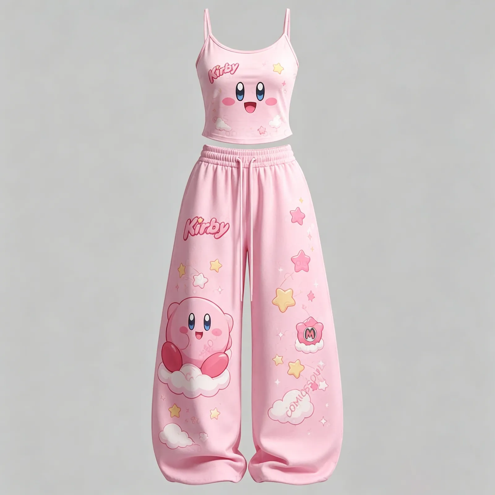 Kirby's Dream Land Kirby Cami Crop Top and Wide Leg Trousers Two-Piece Set, Women's Pink Star Cloud Kawaii Matching Lounge Outfit, Gift