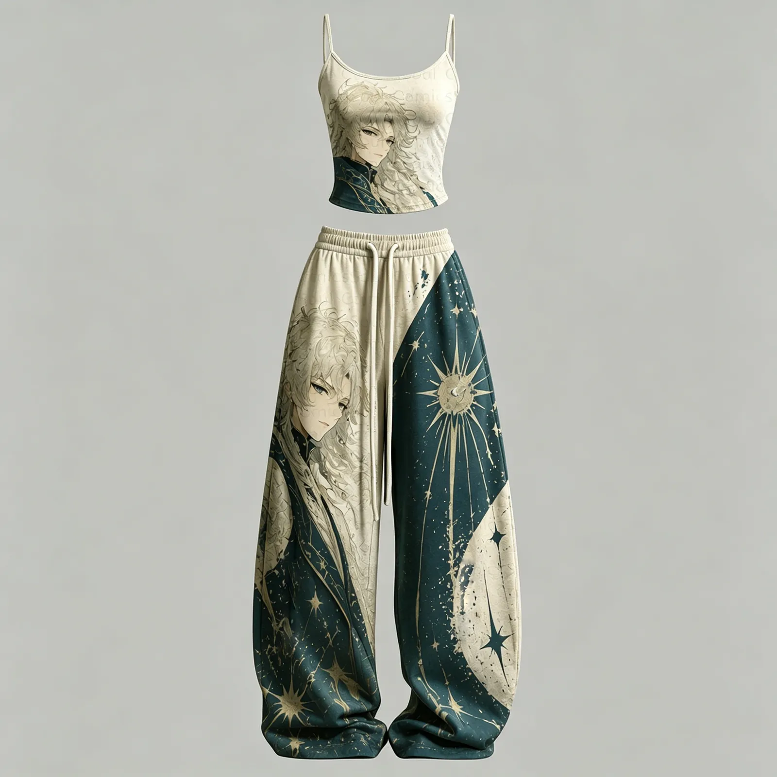 Women's Celestial Anime Prince Cami Top and Elasticated Trousers Two-Piece Set, Cream and Teal Starburst Lounge Outfit, Fantasy Matching Set