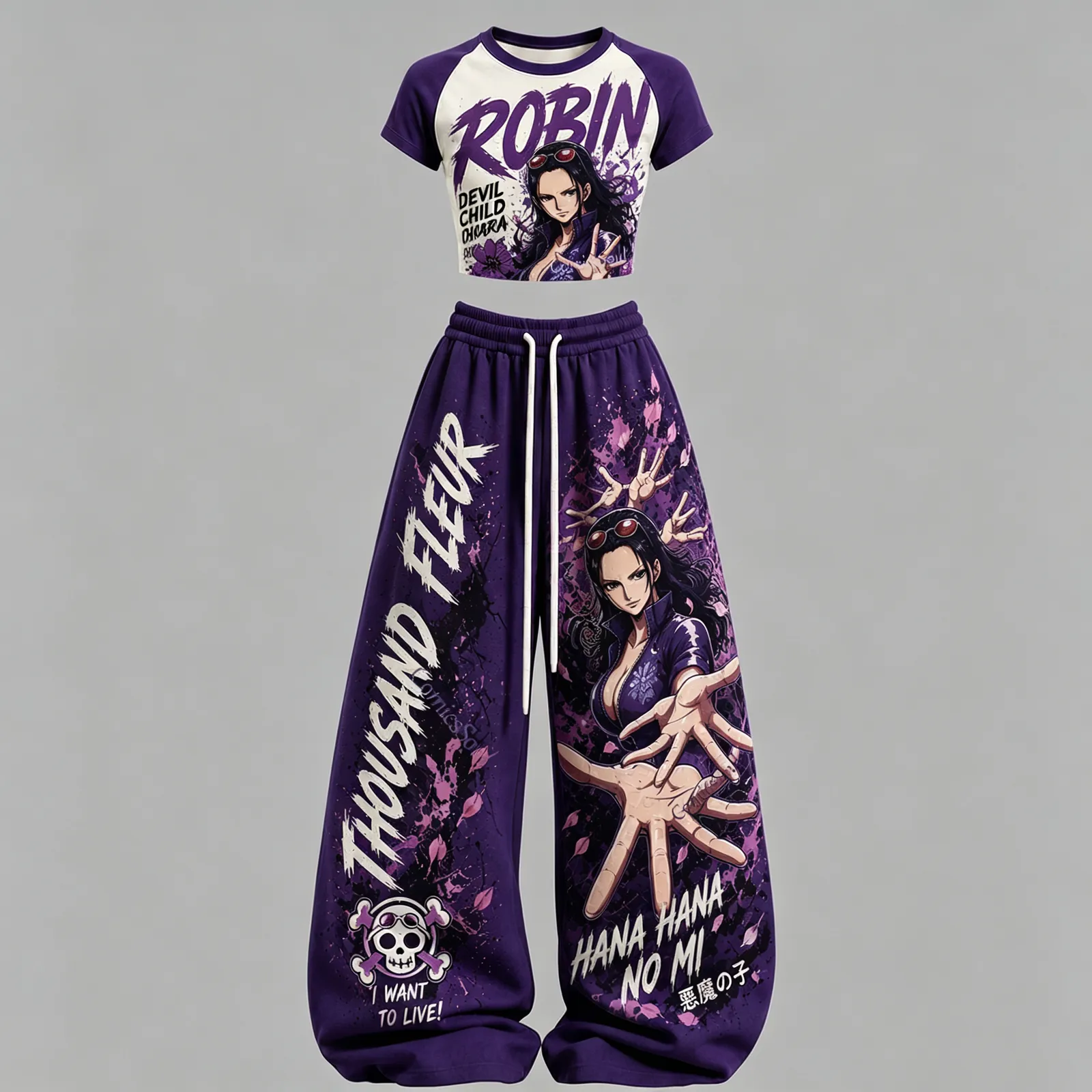One Piece Nico Robin Thousand Fleur Raglan Crop Tee and Wide Leg Trousers Two-Piece Set, Women's Hana Hana no Mi Anime Matching Outfit