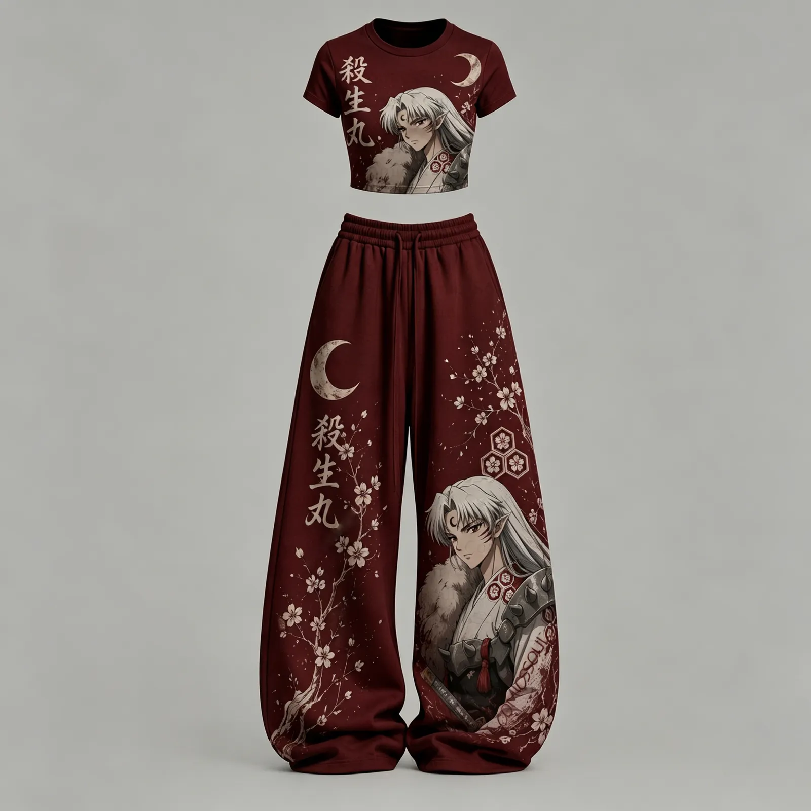 Inuyasha Sesshomaru Crop Tee and Wide Leg Trousers Two-Piece Set, Burgundy Crescent Moon and Cherry Blossom Print, Women's Anime Outfit