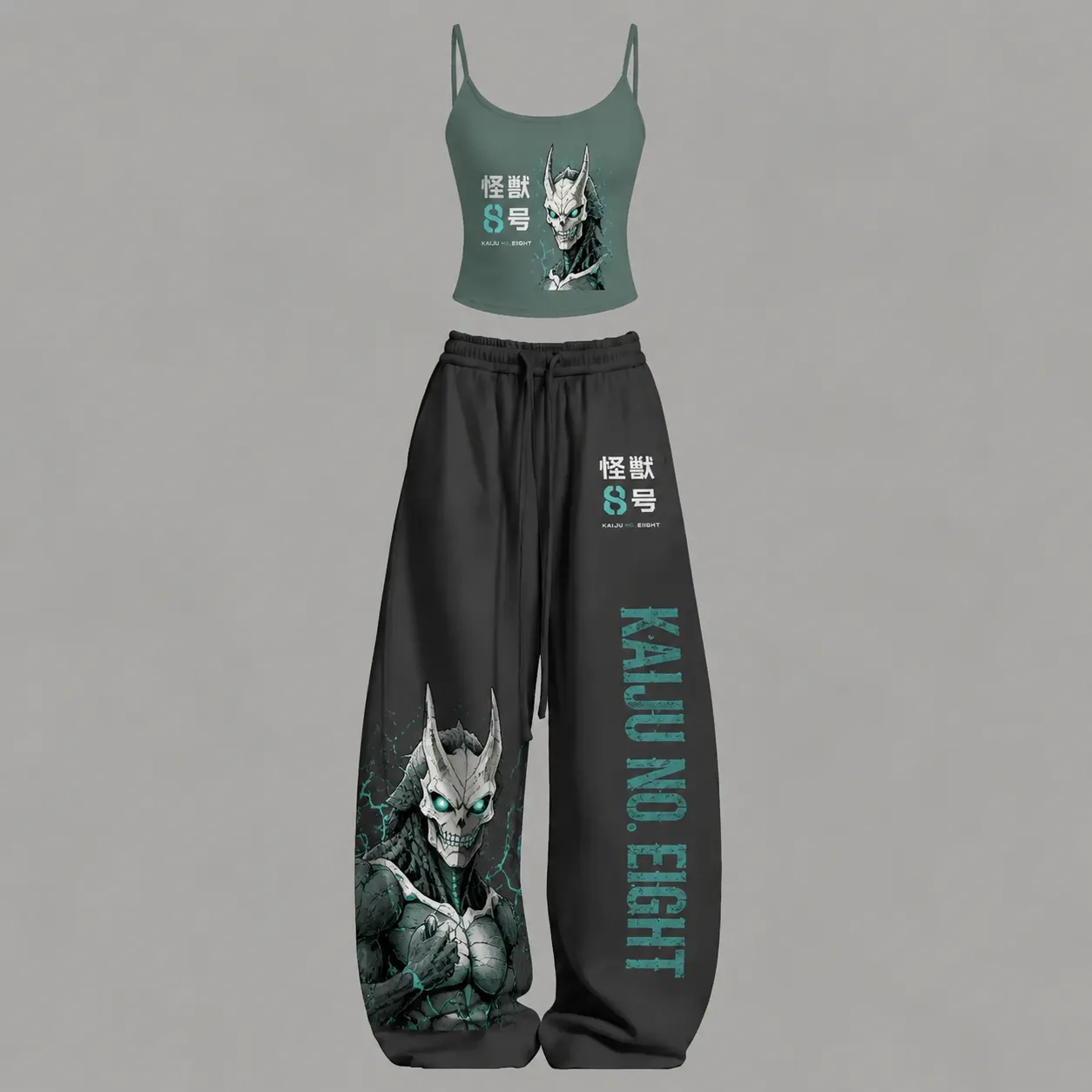 Kaiju No. 8 Kafka Hibino Cami Crop Top and Wide Leg Trousers Two-Piece Set, Women's Sage Green Charcoal Anime Lounge Outfit, Monster Fan Gift