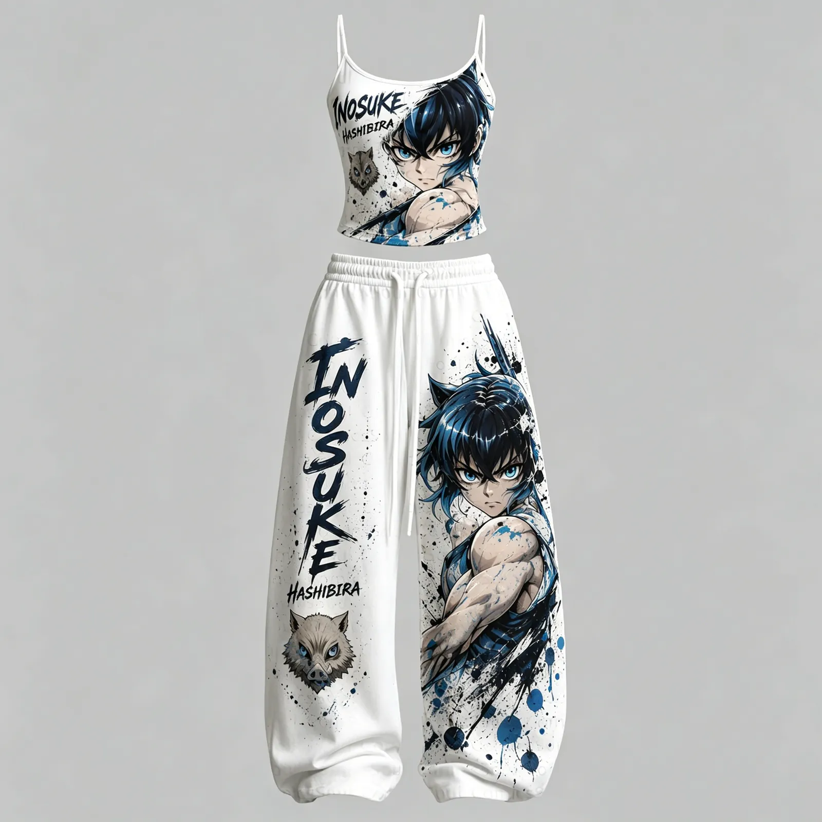 Demon Slayer Inosuke Hashibira Cami Crop Top and Wide Leg Trousers Two-Piece Set, White and Blue Boar Ink Splash Print, Women's Anime Outfit