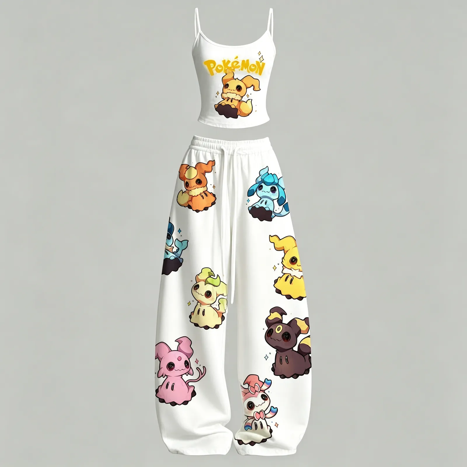 Pokémon Mimikyu Eevee Evolutions Cami Crop Top and Wide Leg Trousers Two-Piece Set, White Cute Anime Lounge Outfit, Women's Matching Co-ord