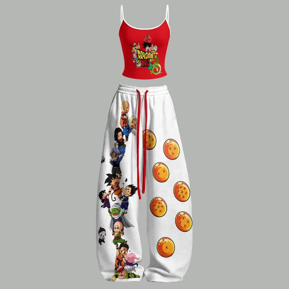 Dragon Ball Chibi Goku Krillin Master Roshi Cami Crop Top and Wide Leg Trousers Two-Piece Set, Women's Red and White Anime Matching Outfit
