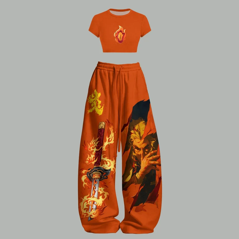 Demon Slayer Kyojuro Rengoku Flame Hashira Crop Tee and Wide Leg Trousers Two-Piece Set, Women's Orange Anime Lounge Outfit, Fire Breathing Set