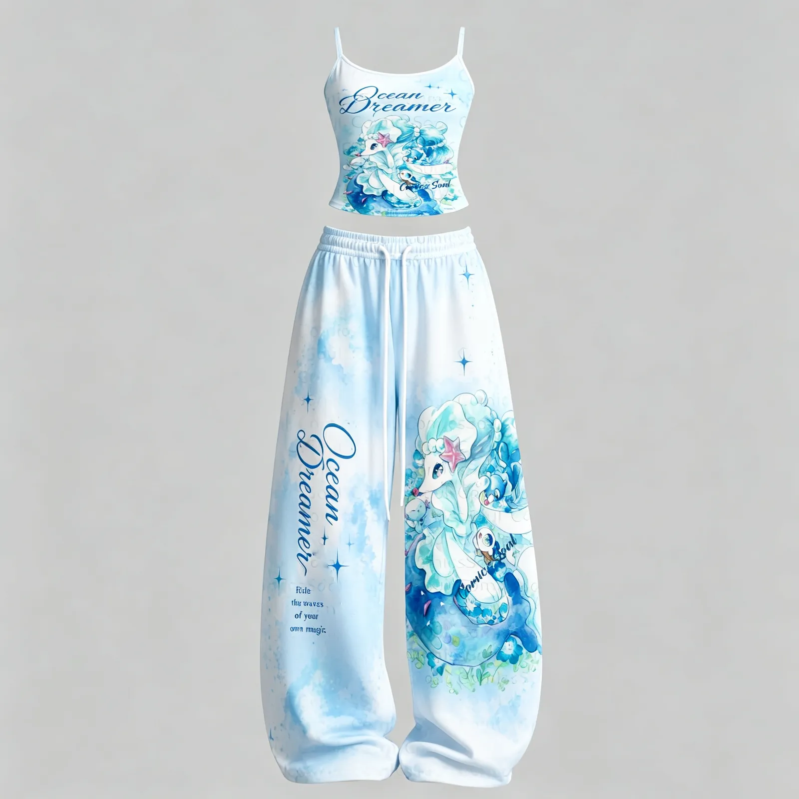 Pokémon Primarina Ocean Dreamer Cami Top and Elasticated Trousers Two-Piece Set, Women's Light Blue Watercolor Anime Lounge Outfit, Popplio