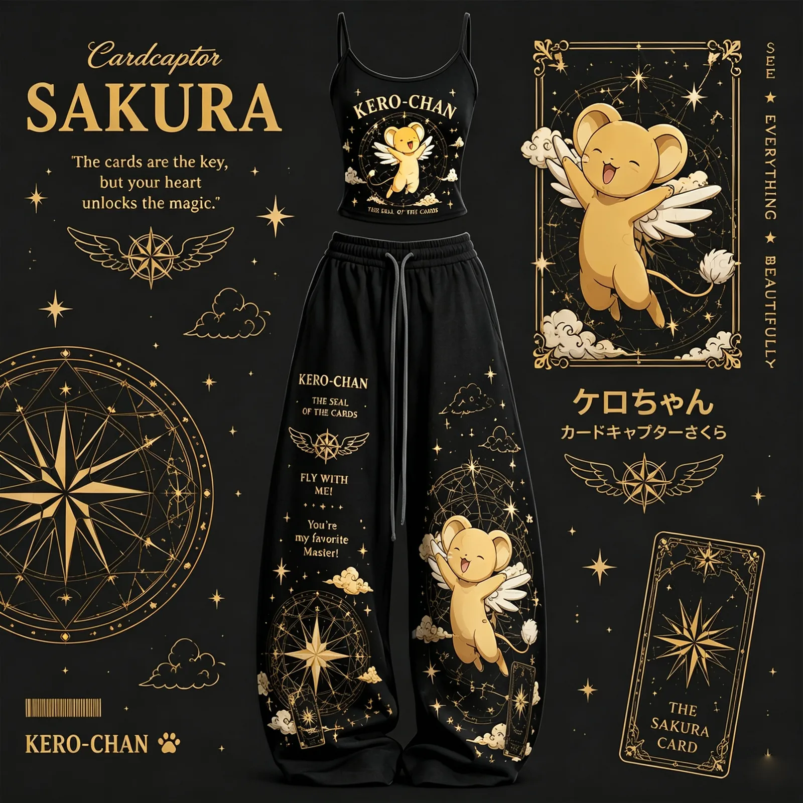 Cardcaptor Sakura Kero-chan Seal of the Cards Cami Crop Top and Wide Leg Trousers Two-Piece Set, Black Gold Magic Anime Lounge Outfit for Women