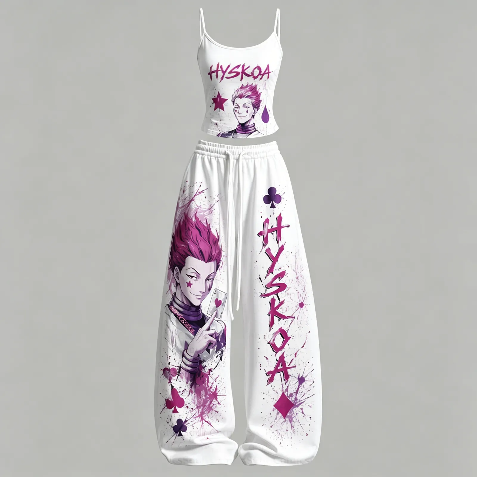 Hunter x Hunter Hisoka Playing Card Cami Crop Top and Wide Leg Trousers Two-Piece Set, White Magenta Splash Anime Lounge Outfit, Women's Co-ord