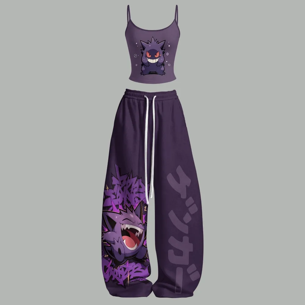 Pokemon Gengar Cami Crop Top and Wide Leg Trousers Two-Piece Set, Women's Purple Ghost Pokémon Lounge Outfit, Anime Fan Matching Set