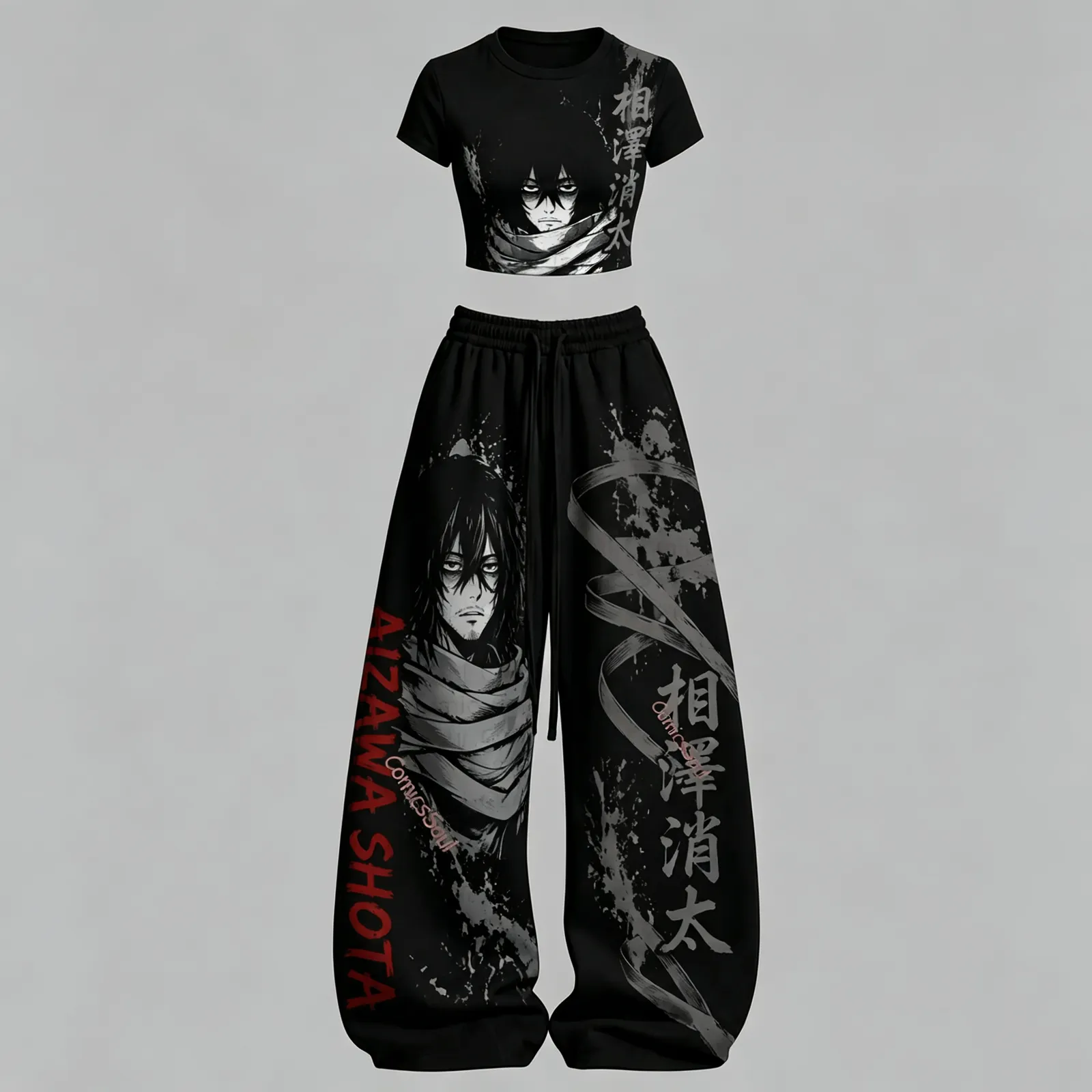 My Hero Academia Aizawa Shota Eraserhead Crop Tee and Wide Leg Trousers Two-Piece Set, Black Grey Red Ink Anime Lounge Outfit, Women's Co-ord