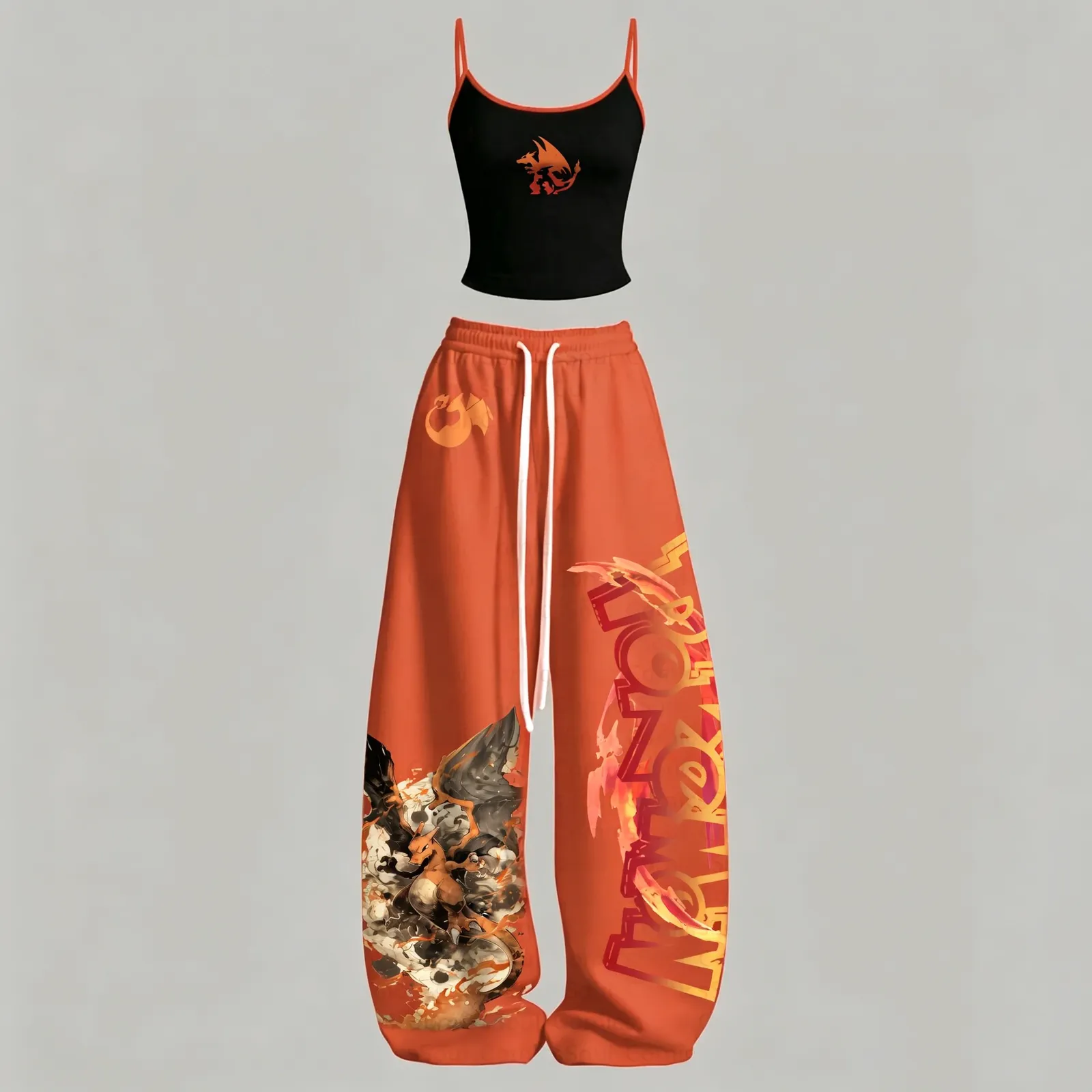 Pokémon Charizard Fire Cami Top and Elasticated Trousers Two-Piece Set, Women's Black and Orange Flame Anime Lounge Outfit, Pokemon Matching Set