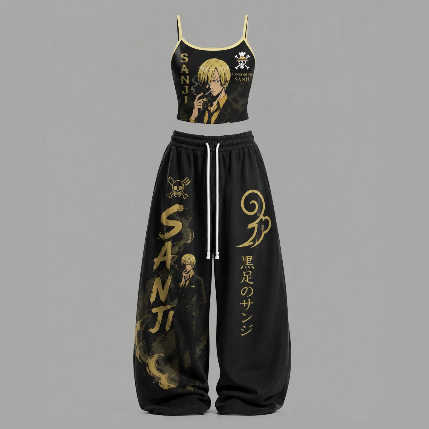 One Piece Vinsmoke Sanji Cami Crop Top and Elasticated Wide Leg Trousers Two-Piece Set, Women's Black and Gold Straw Hat Pirates Anime Outfit