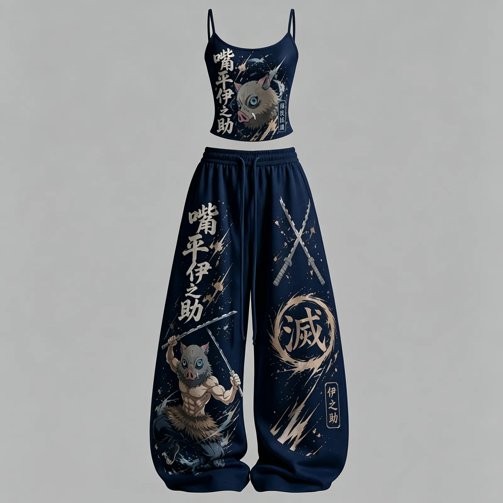 Demon Slayer Inosuke Hashibira Cami Top and Elasticated Trousers Two-Piece Set, Women's Navy Boar Mask Anime Lounge Outfit, Kimetsu Matching Set
