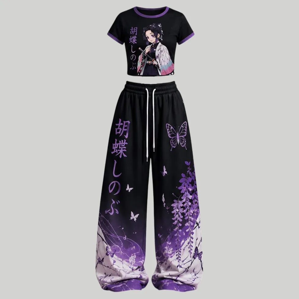 Demon Slayer Shinobu Kocho Crop Tee and Wide Leg Trousers Two-Piece Set, Women's Black and Purple Butterfly Lounge Outfit, Anime Matching Set
