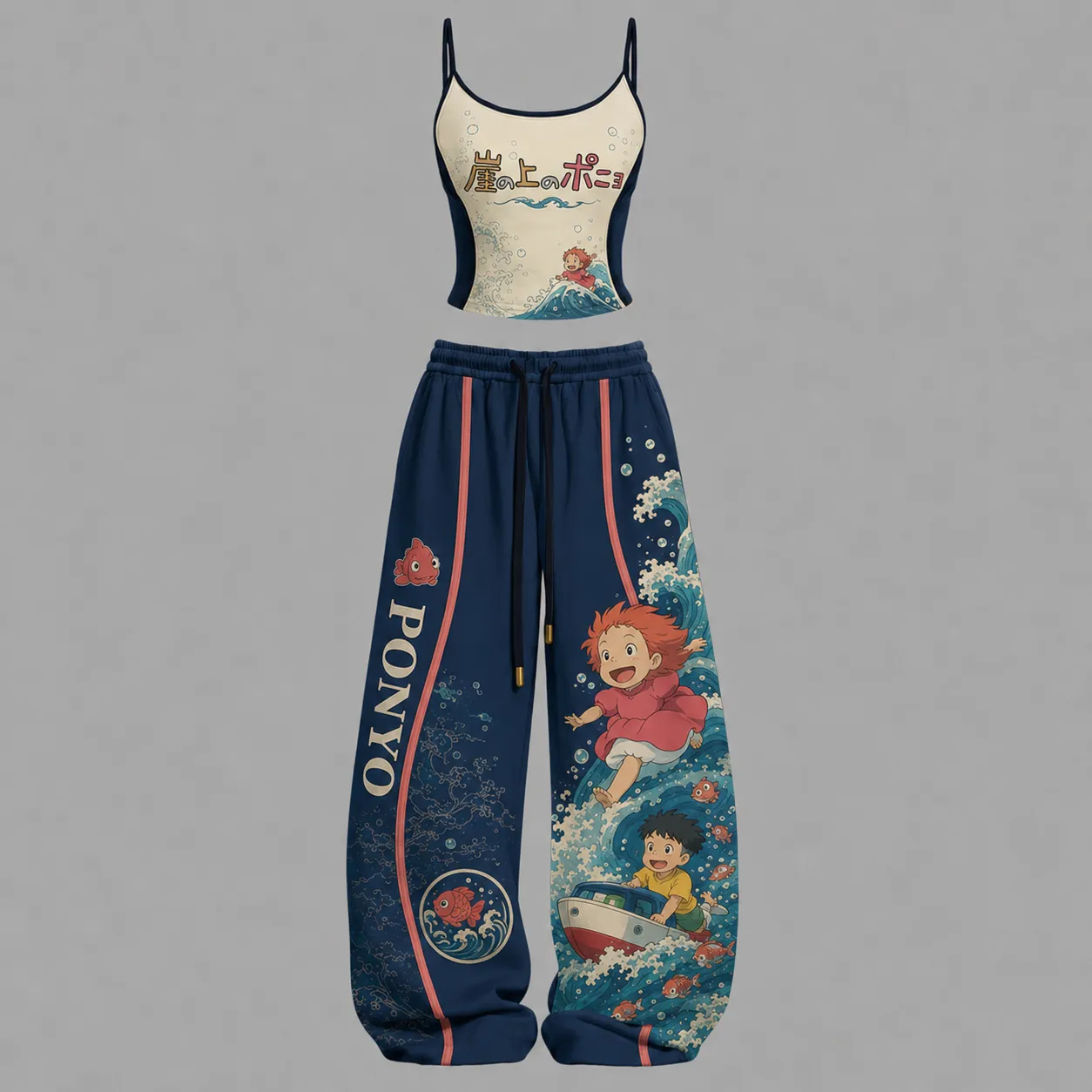 Ponyo on the Cliff by the Sea Cami Crop Top and Wide Leg Trousers Two-Piece Set, Navy Cream Ocean Wave Studio Ghibli Lounge Outfit for Women