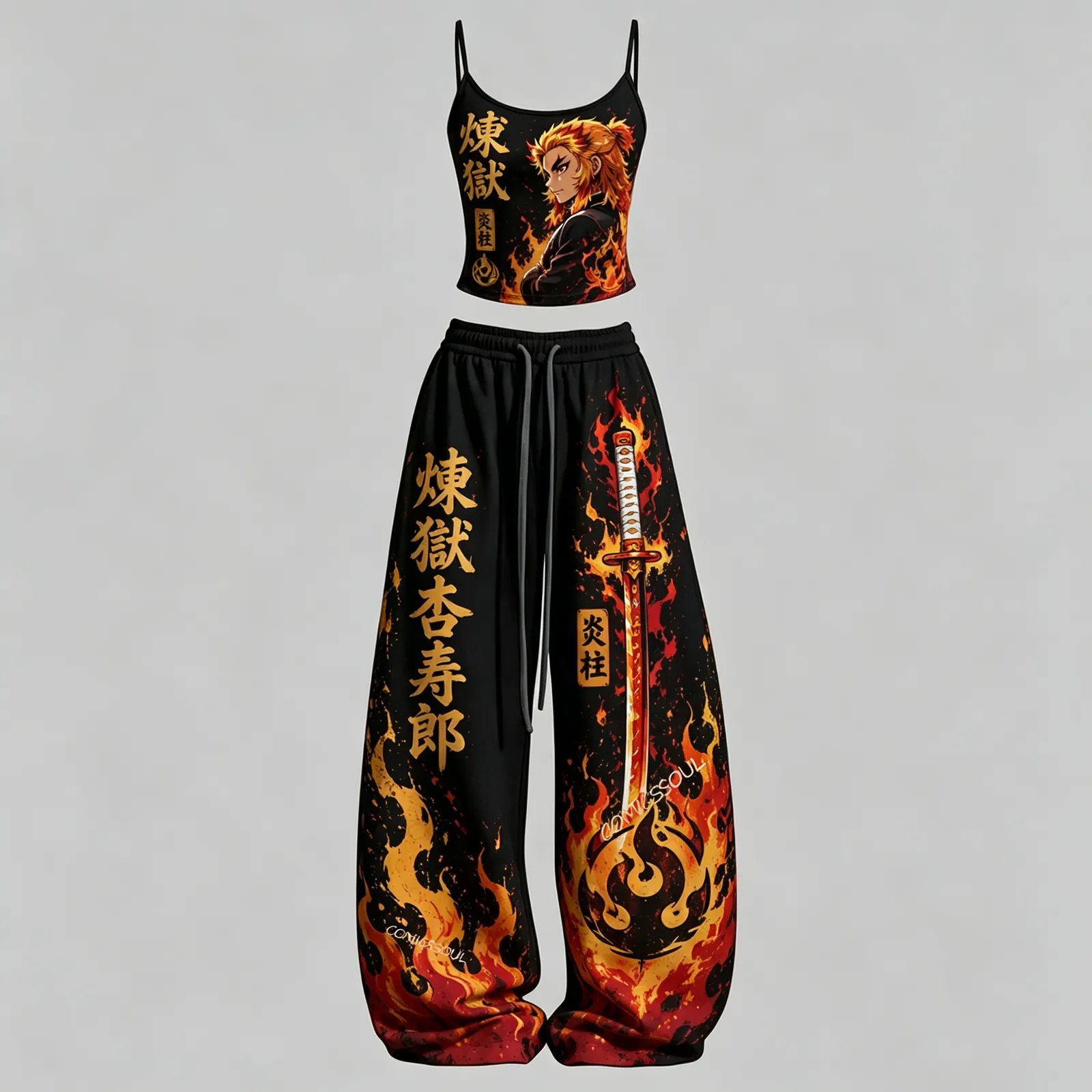 Demon Slayer Kyojuro Rengoku Flame Hashira Cami Crop Top and Wide Leg Trousers Two-Piece Set, Women's Anime Matching Lounge Outfit