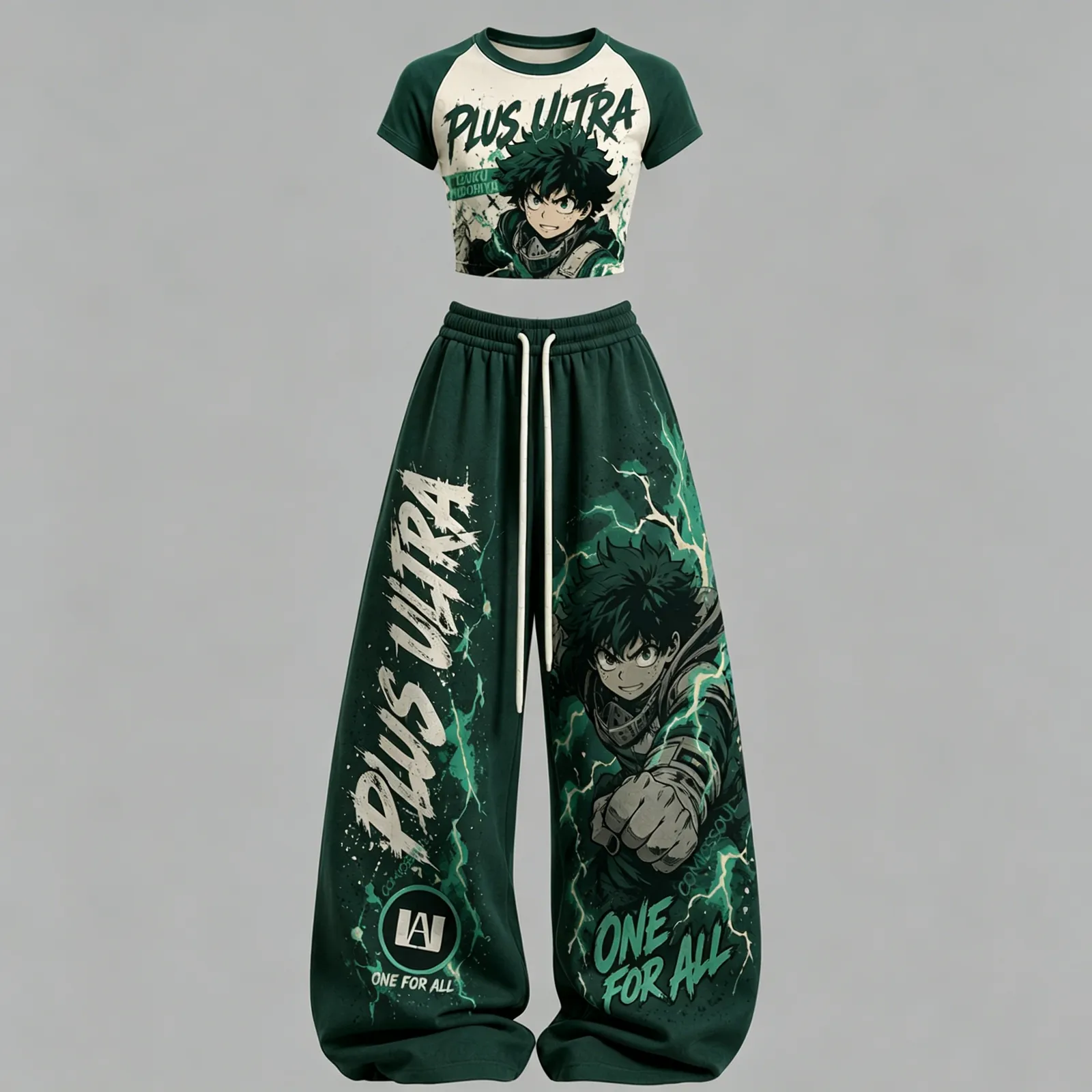 My Hero Academia Izuku Midoriya Deku Raglan Crop Tee and Wide Leg Trousers Two-Piece Set, Women's Green Plus Ultra Lounge Outfit, MHA Fan Gift