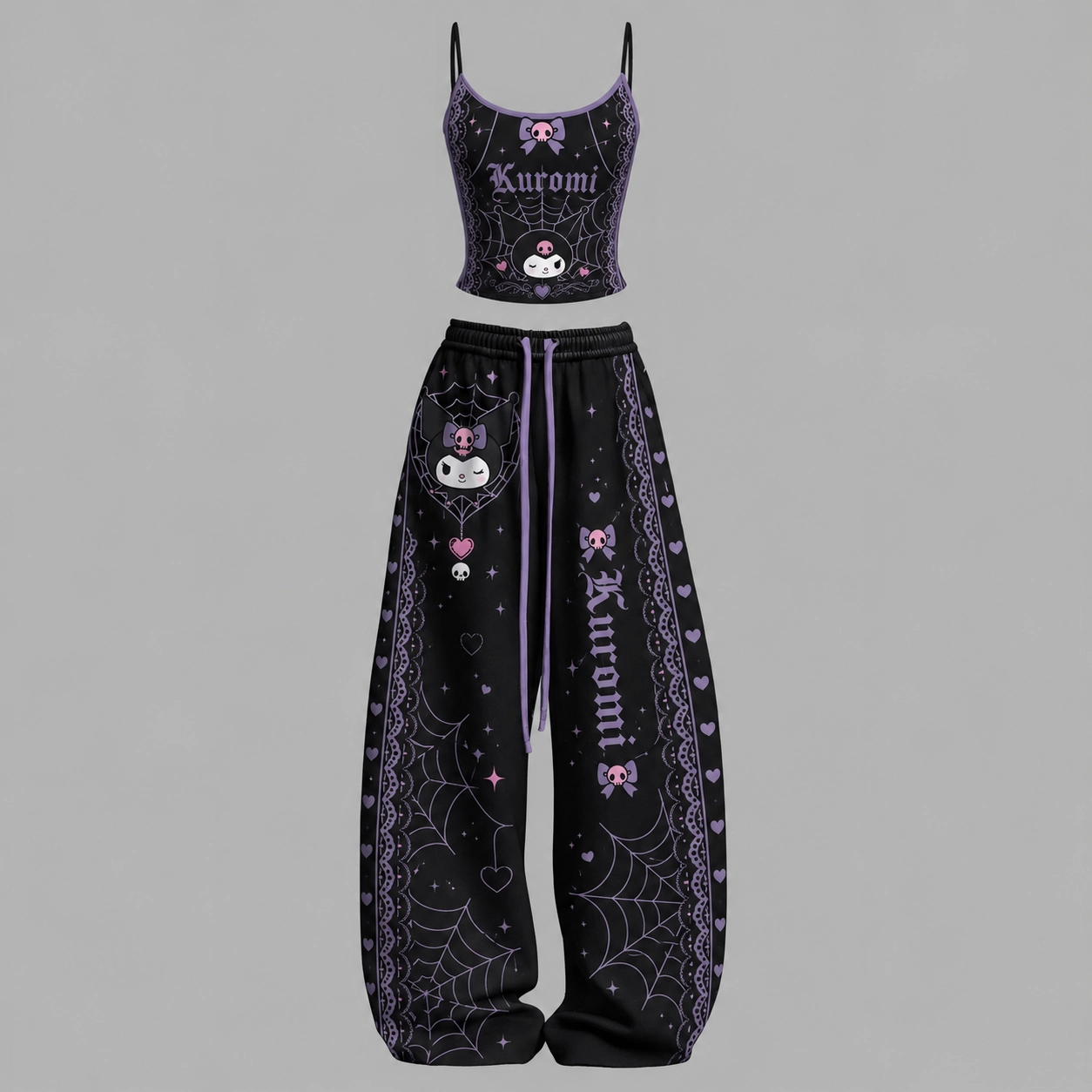 Kuromi Spider Web Cami Crop Top and Wide Leg Trousers Two-Piece Set, Women's Sanrio Gothic Kawaii Matching Lounge Outfit, Gift for Her