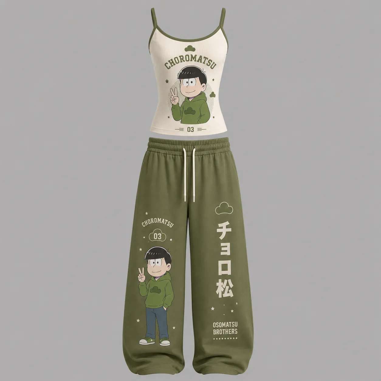 Osomatsu Brothers Choromatsu Cami Crop Top and Wide Leg Trousers Two-Piece Set, Olive Green and Cream 03 Print, Women's Anime Lounge Outfit