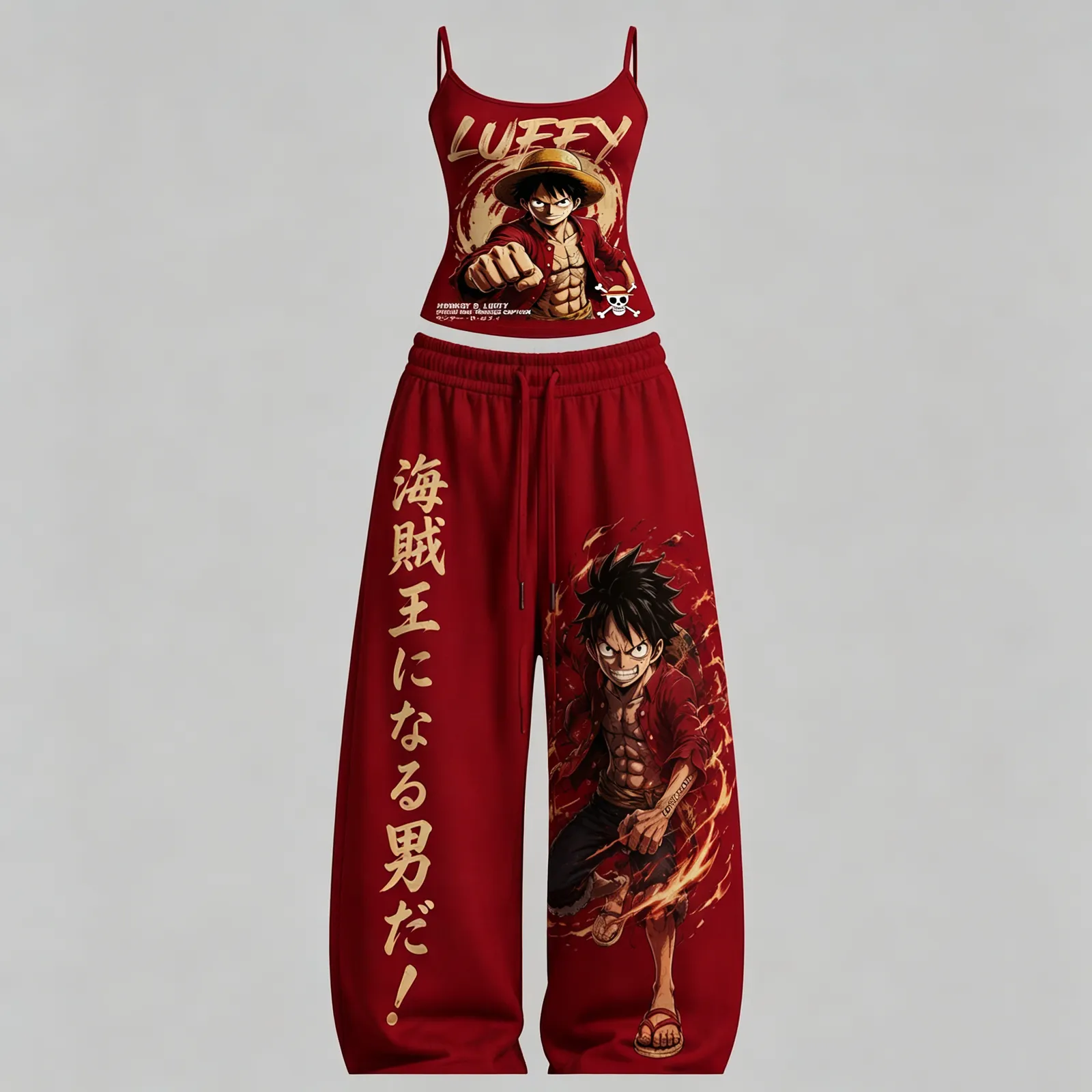 One Piece Monkey D. Luffy Future Pirate King Cami Top and Elasticated Trousers Two-Piece Set, Women's Red and Gold Anime Lounge Outfit